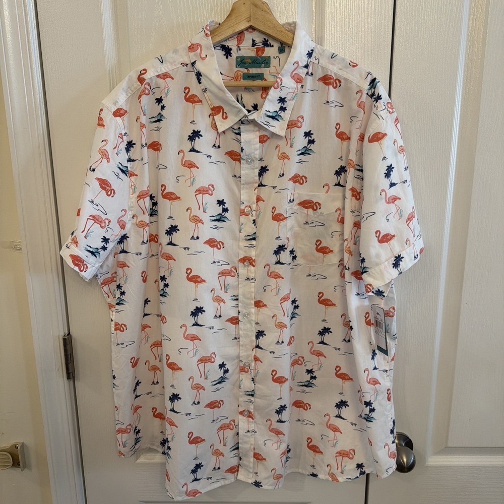 NWT Joe Marlin Tapered Fit Untuck Cotton Short Sleeve Shirt 3XL Flamingo Print